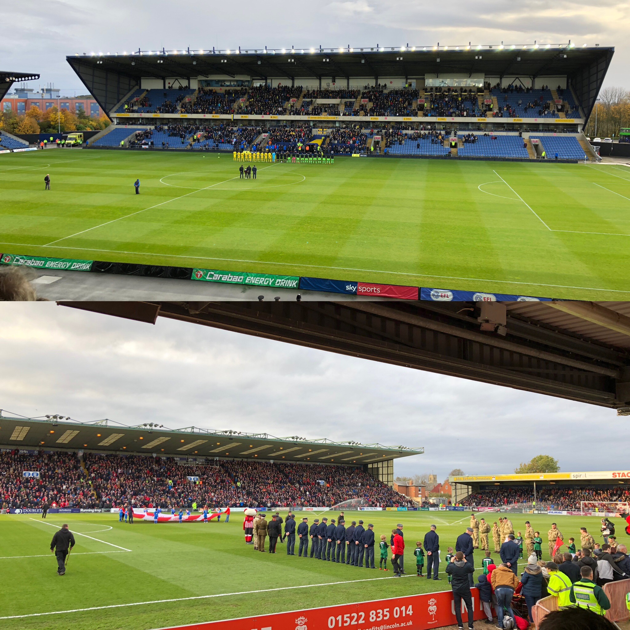 Remembrance Ceremonies At Oxford (Top) And Lincoln Football Grounds Prior to Matches With Forest Green Rovers