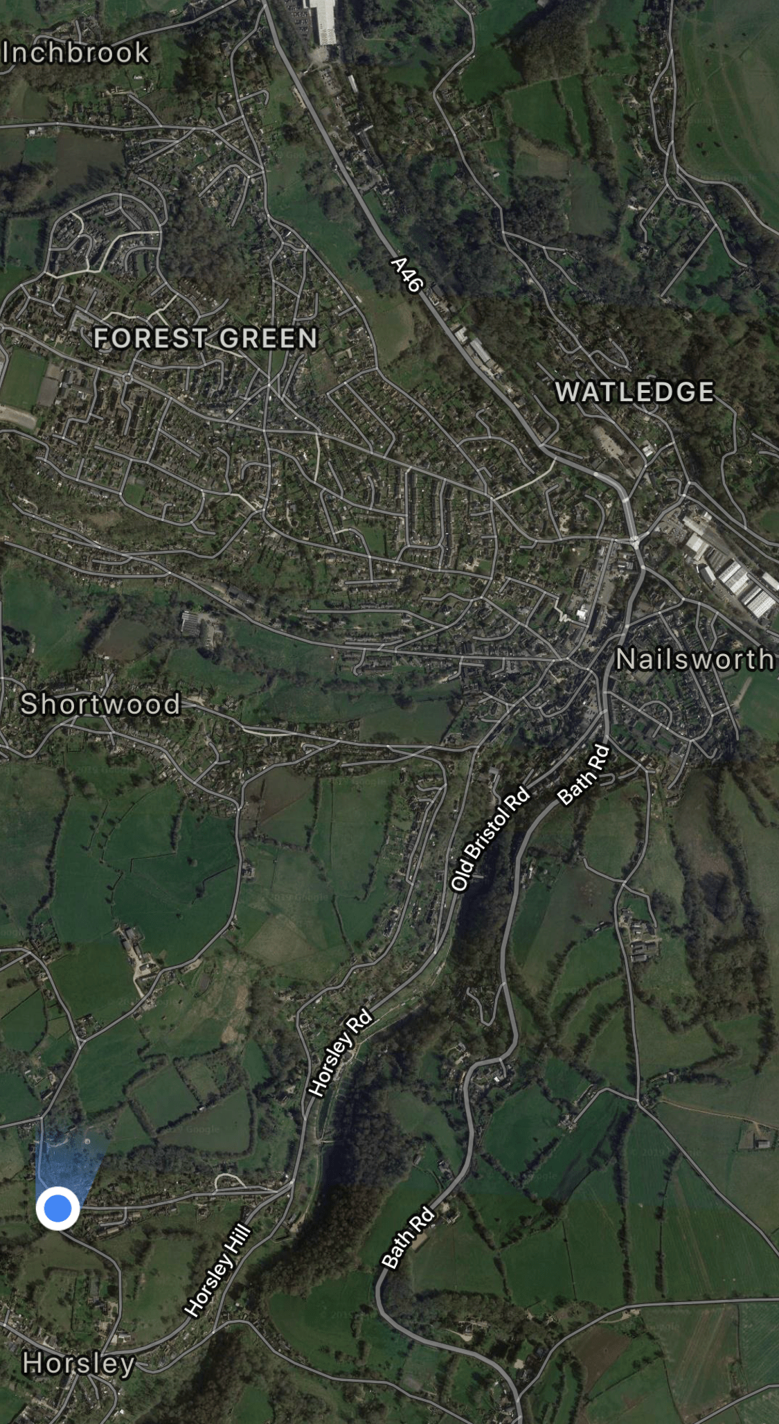 Satellite Picture (Courtesy Google) OF My Walk Into Nailsworth